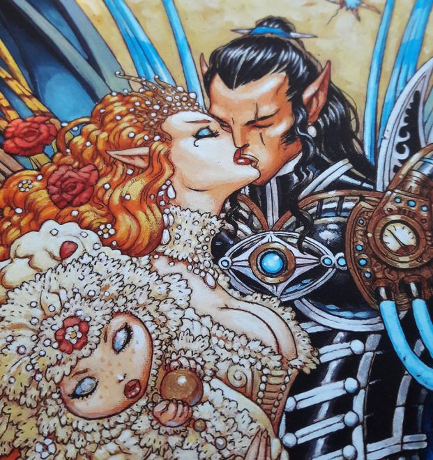 Das Feenpaar küsst sich, während Titania das Baby Wika am Arm hält
