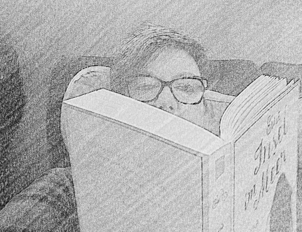 Frau mit Brille liest im Zug in einem Buch
