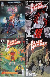 4 Comics im Quadrat angeordnet mit Robotern und Monstern