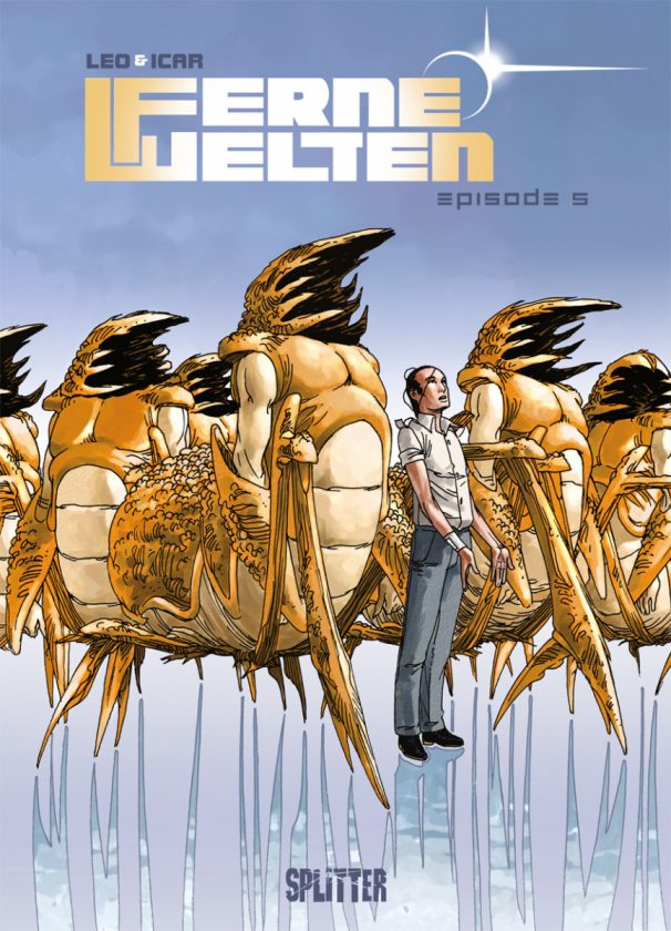 Comiccover, mehrere der hummerähnlichen Aliens stehen nebeneinander, ein Mensch mittendrin