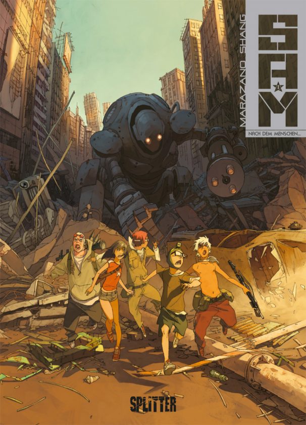 Comiccover, zeigt großen Roboter, der eine Gruppe Teenager in einer zerstörten Stadt verfolgt