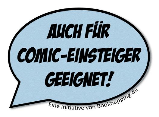 Sprechblasenlabel mit Aufschrift Auch für Comic-Einsteiger geeignet