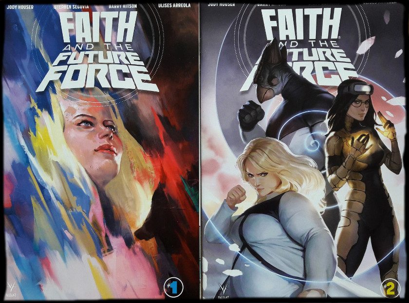 Zwei Comiccover, links Faith im Profil, rechts das Frauenteam Faith, Ank, Neela