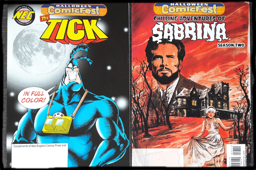 Links der Tick-Comic zum Halloween Fest, mit dem Tick auf dem Cover, rechts ein Sabrina-Heft auf dem Cover eine alte verfallene Villa, ein Mann in Großaufnahme und eine blonde Frau in weißem Kleid