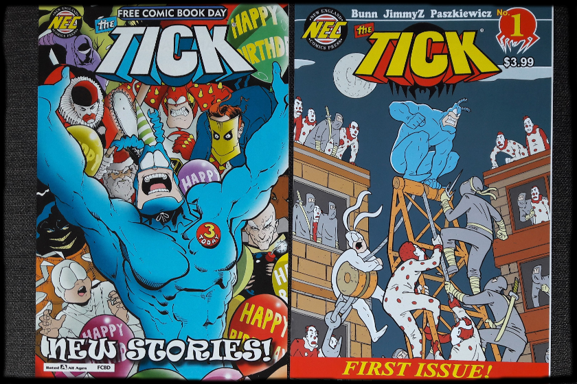 Zwei The Tick-Comics, links im Hintergrund Clowns, recht Clowns und NInjas