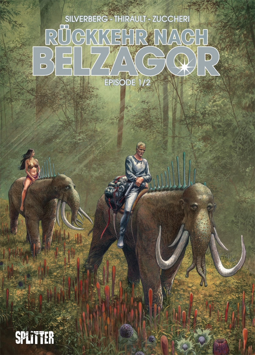 Cover zeigt wie zwei Menschen auf Elefantenähnlichen Wesen durch einen Dschungel reiten