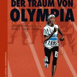 Junge Sportlerin läuft in Olympiadress vor einem roten Laufbahnhintergrund und im Schatten stehen bewaffnete Islamisten