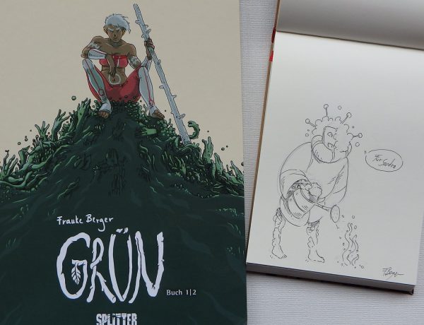 Comic Grün 1 neben einer Originalzeichnung in schwarzem Fineliner einer Hybride aus "Mensch" und Pflanze