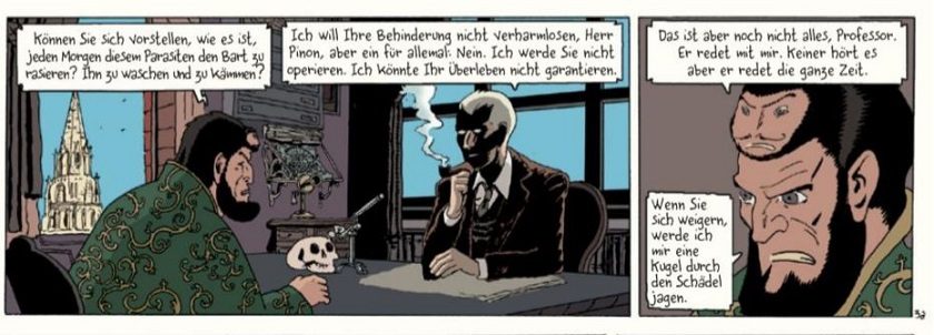 Ein Comicpanel zeigt einen rauchenden Professor Bell im Gespräch mit dem Mexikaner an einem Tisch