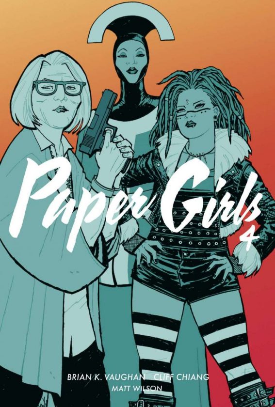 Paper Girls 4 Cover, darauf drei Frauen vor orangefarbenem Hintergrund