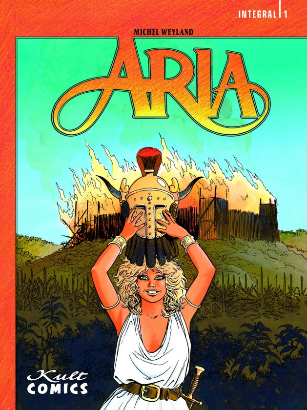 Aria Sammelband 1 Cover, zeigt die blonde Heldin in einem weißen Oberteil und einen Helm über den Kopf hebend