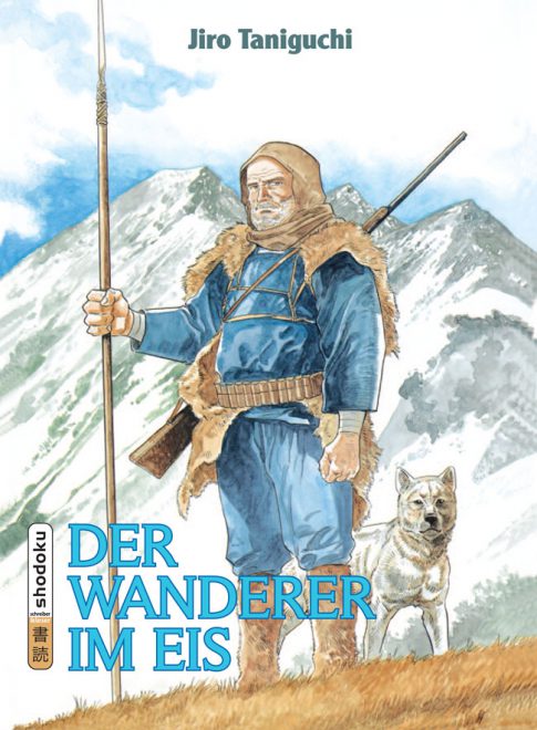 Ein Mann und sein Hund vor einer verschneiten Bergkulisse