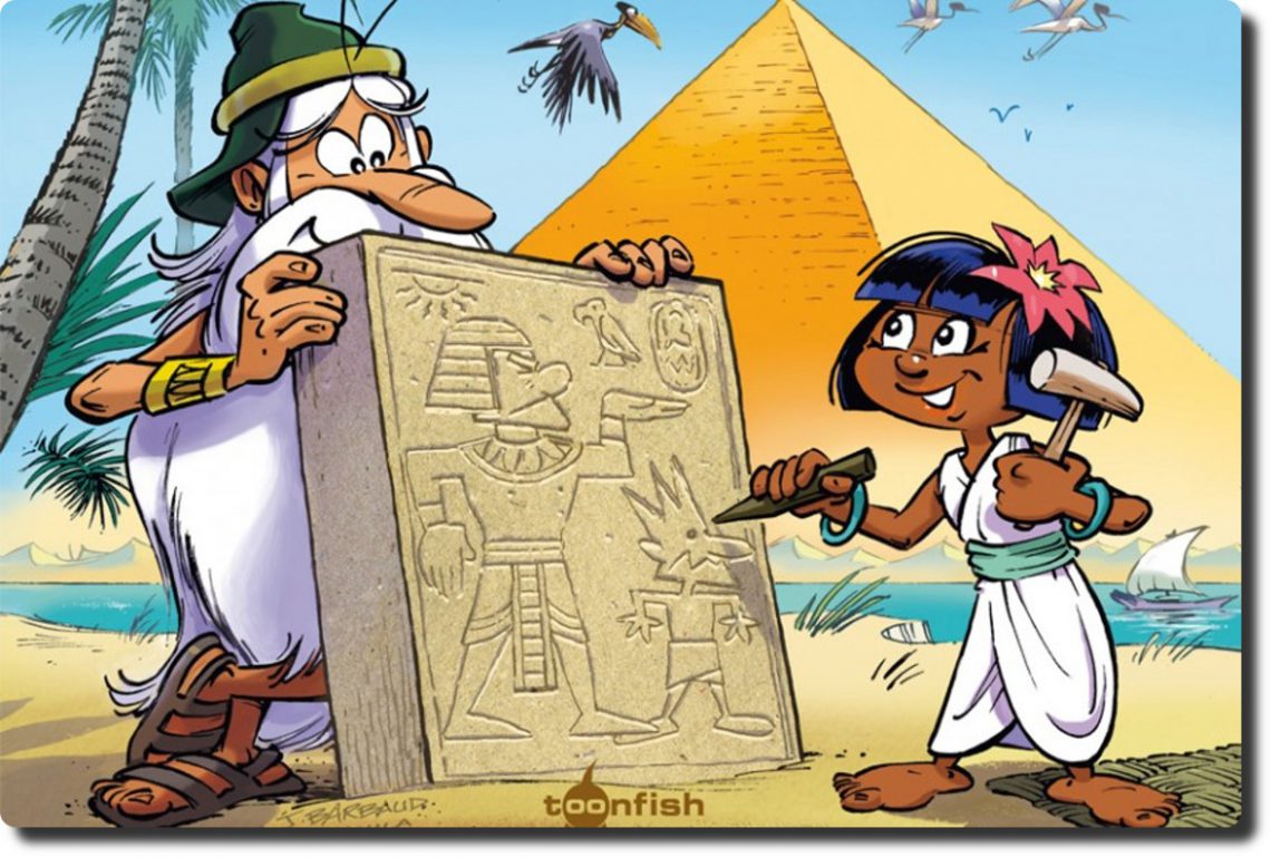 Teil des Covers mit Pyramide, Maestro und einem Mädchen, das eine Steintafel bearbeitet