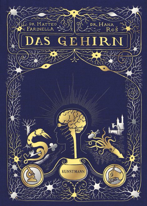 Blaues Buch mit goldenen Illustrationen