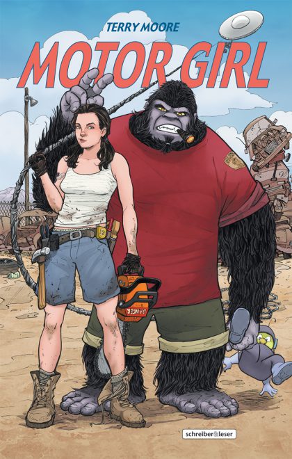 Motor Girl Cover zeigt eine Frau und einen Gorilla in Kleidung 