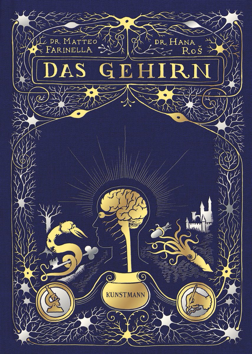 Das Gehirn Cover - Blaues Buch mit vielen glänzenden Intarsien