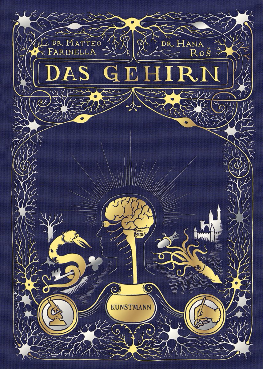 Das Gehirn Cover - Blaues Buch mit vielen glänzenden Intarsien