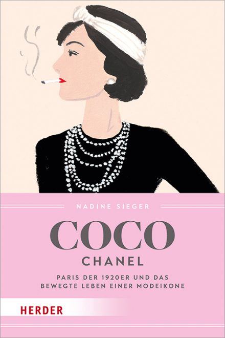 Coco Chanel Cover - Buch in rosa mit einer Zeichnung der Frau in schwarzem Oberteil mit Perlenkette und Zigarette