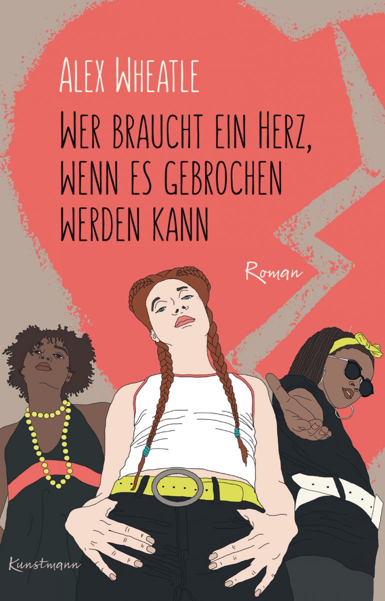 Rot-beiges Cover darauf drei gezeichnete junge Frauen, Blick von unten