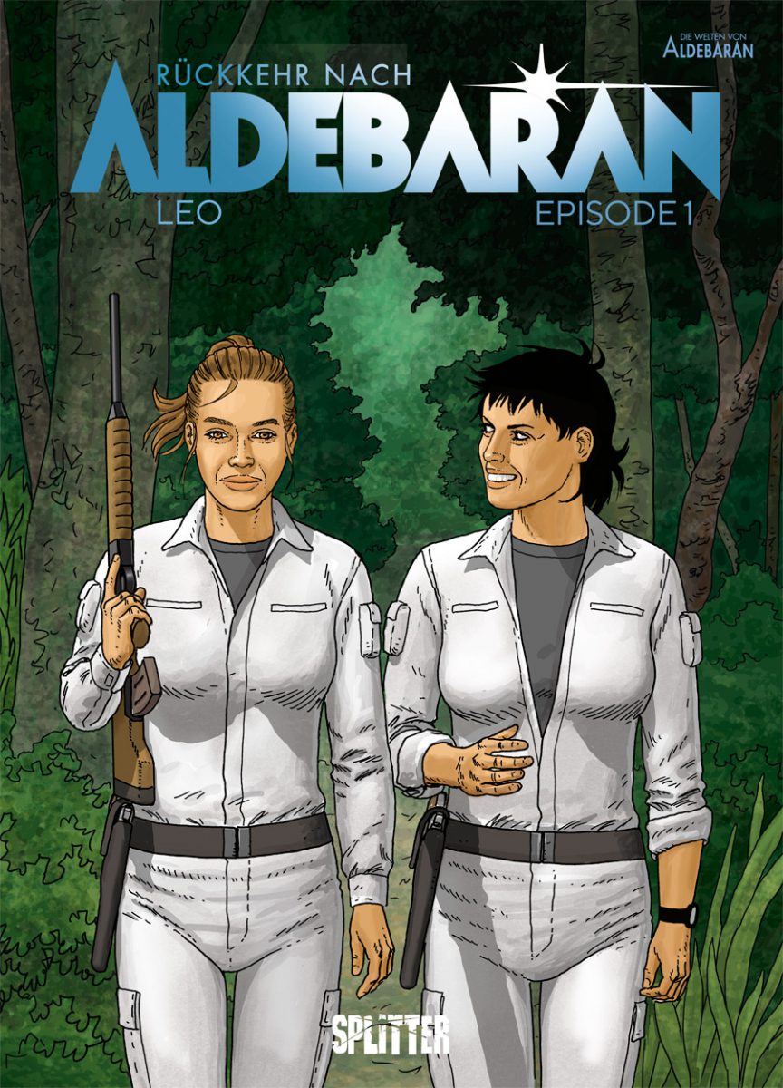 Cover zeigt zwei Frauen in weißen Overalls, beide mit Waffen und durch einen Wald laufend