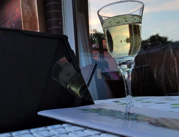 Notebook und ein Glas Weißwein