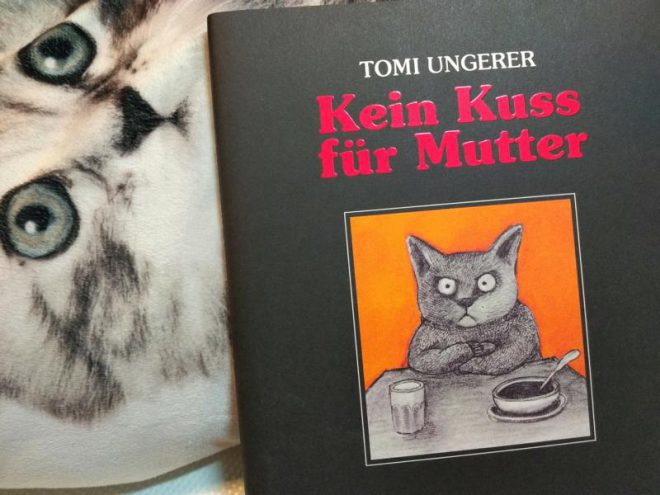 Buch vor einem Kissen mit Katzenaufdruck