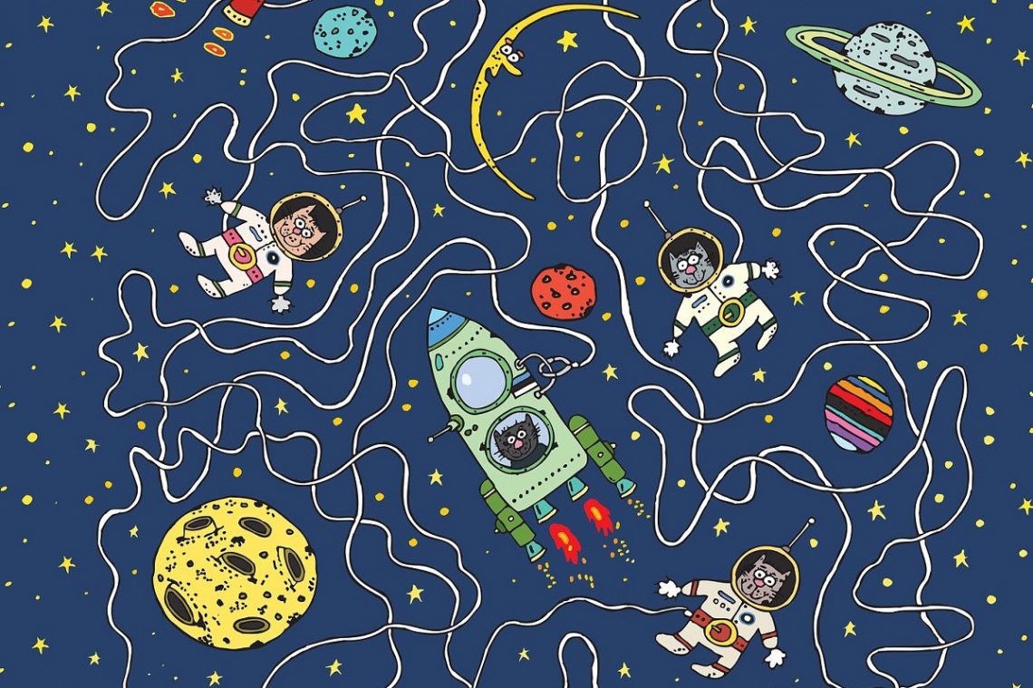 Cartoon mit Katzen, Astronauten und Planeten