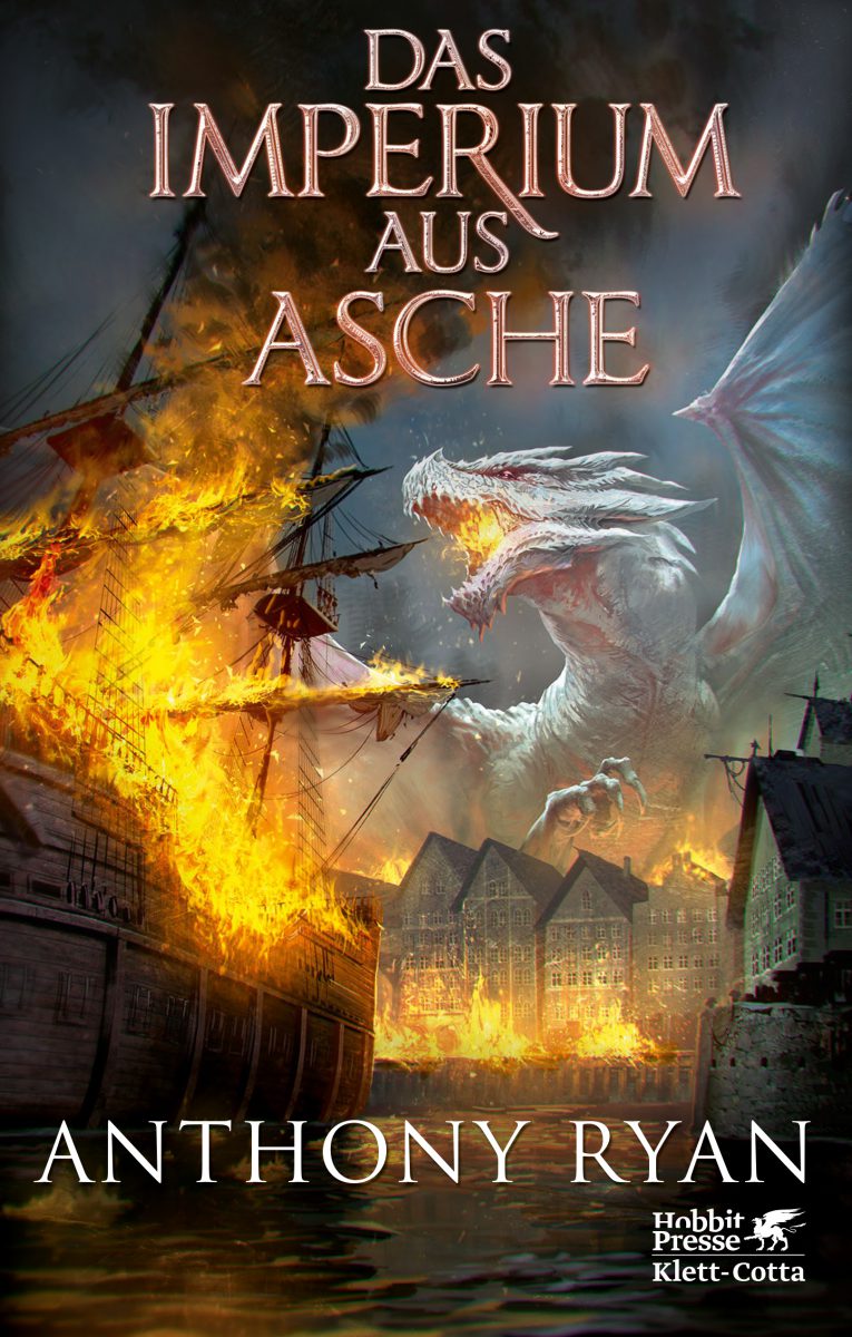 Cover des Romans Das Imperium aus AscheZeigt einen auf Schiffe Feuer speienden Drachen auf dunklem Hintergrund