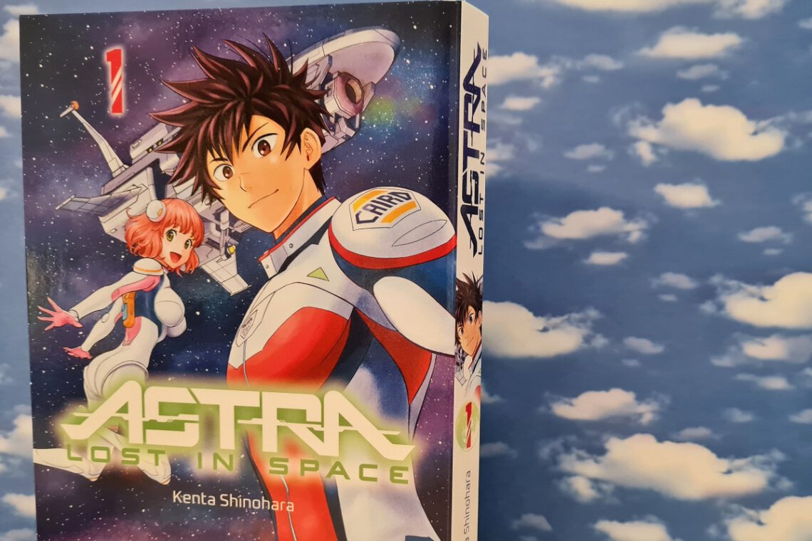 Manga zeigt einen jungen Astronauten und eine Astronautin dahinter ein Raumschiff