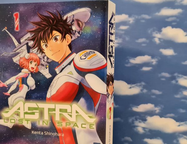 Manga zeigt einen jungen Astronauten und eine Astronautin dahinter ein Raumschiff