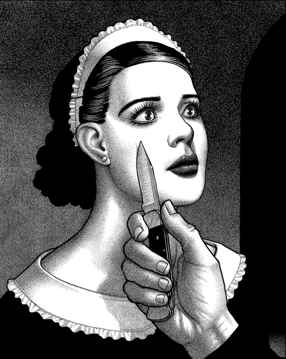 Leseprobe Illustration zeigt eine verängstigte Frau an deren Gesicht ein Messer gehalten wird