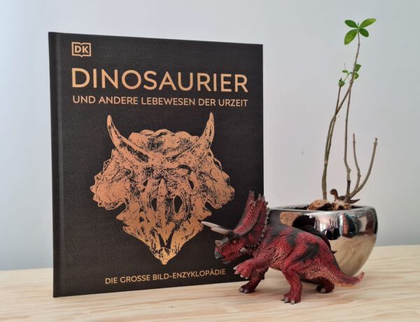 Buch Dinosaurier steht neben einer Dinosaurierfigur und daneben eine Pflanze in silbernem Topf