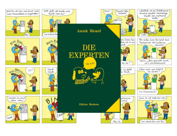 Comic in grün mit zwei gelben sprechenden Tieren - ein Hund und eine Ente