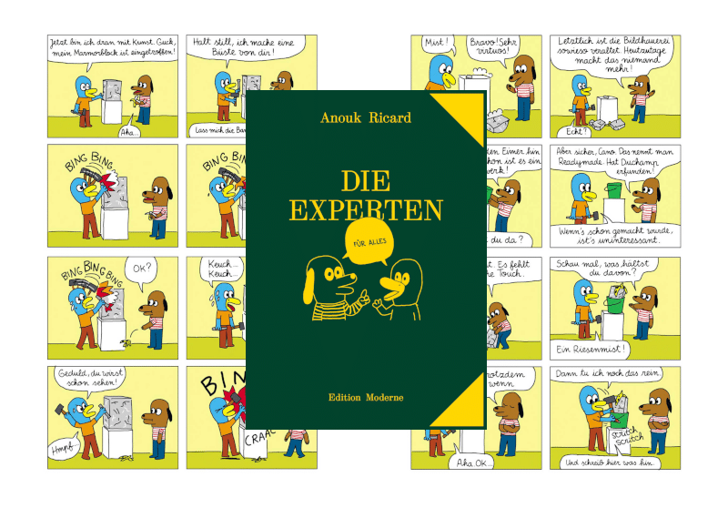 Comic in grün mit zwei gelben sprechenden Tieren - ein Hund und eine Ente