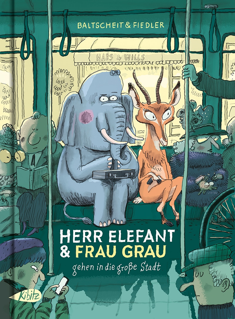 Herr Elefant & Frau Grau Cover zeigt einen Elefanten und eine Antilope sitzend auf der Bank in einer U-Bahn
