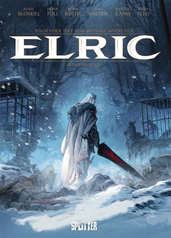 Die ELRIC-Gesamtausgabe Comiccover in blau-weiß-schwarz. Zeigt einen Mann mit weißem Haar von hinten mit einem riesigen Schwert, Hintergrund blau