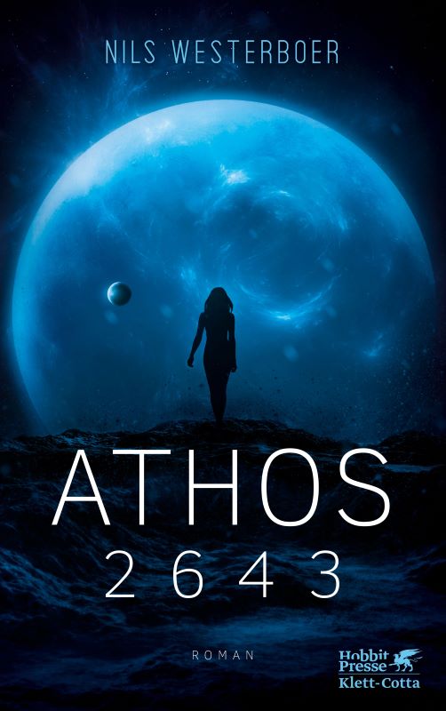 Cover des Romans in dunkelblau darauf ein Planet und davor eine FrauensilhouetteUnten der Titel