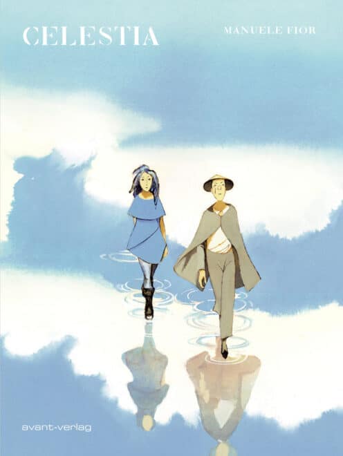 Blauweißer Hintergrund - wolkenähnlich - darauf eine Frau und ein Mann