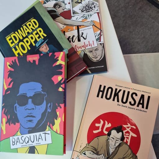 Vier Comics: Edward Hopper, Pollock, Basquiat, Hokusai