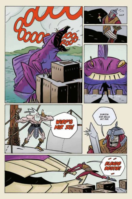 Comicleseprobe zeigt ein lila Seeungeheuer und zwei Krieger