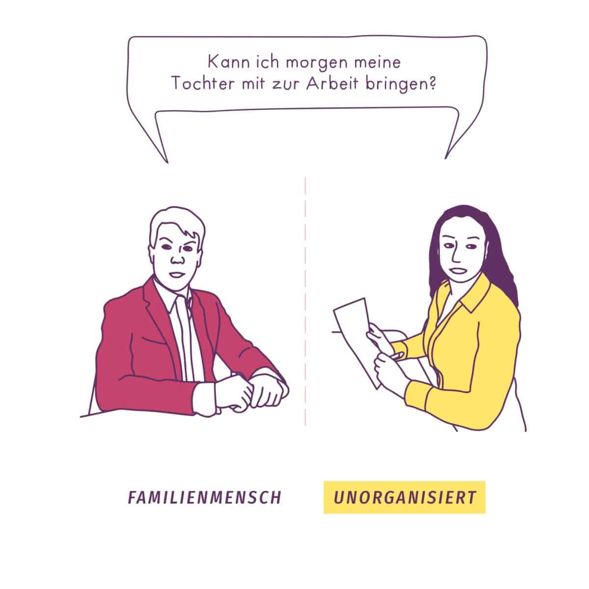 Illustration, die die Wahrnehmung von Männern und Frauen darstellt, wenn sie fragen, ob sie morgen ihre Tochter mit zur Arbeit bringen können