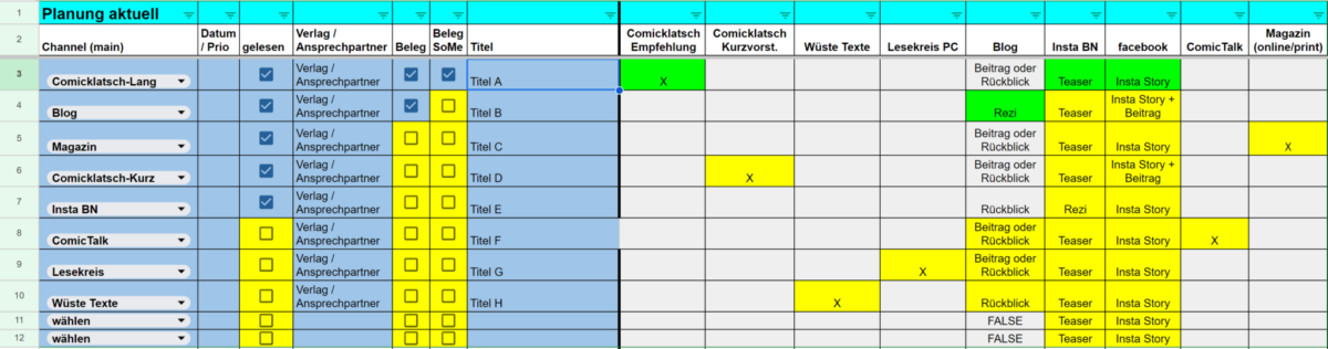 Organisation als Bloggerin Darstellung einer Excel-Tabelle zur Planung