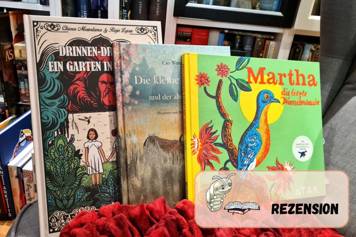 Drei illustrierte Bücher stehen nebeneinander vor einem Bücherregal
