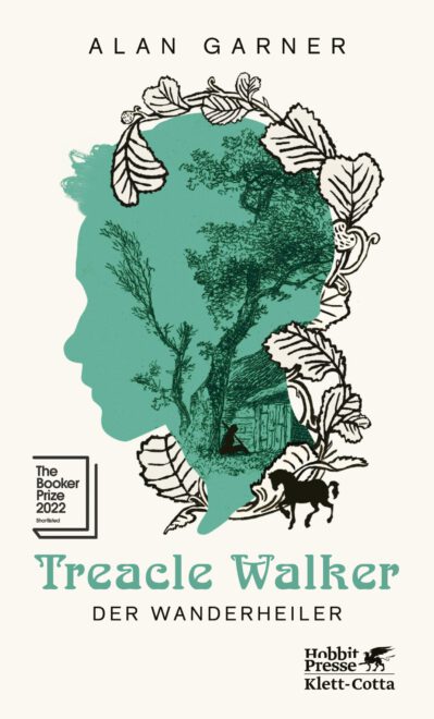 Treacle Walker von Alan Garner 
Cover des Romans zeigt ein Profil eines Jungen, gefüllt mit Baum, Hütte und viel Grün, umrahmt von Blättern