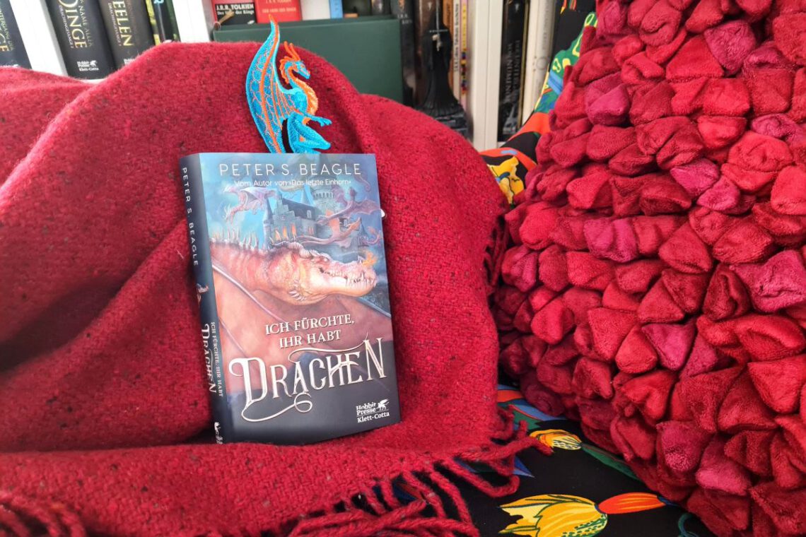 Buch mit Drachen auf dem Cover steht auf einer roten Wolldecke vor einem Bücherregal