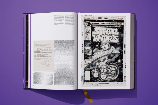 Leseprobe TASCHEN Star Wars Comics Library Vol. 1 zeigt Text links und rechts eine Originalseite in schwarzweiß