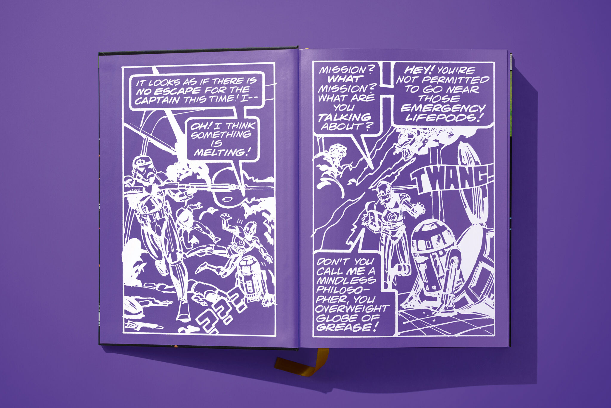 Leseprobe TASCHEN Star Wars Comics Library Vol. 1 zeigt weißen Comic auf lila Hintergrund